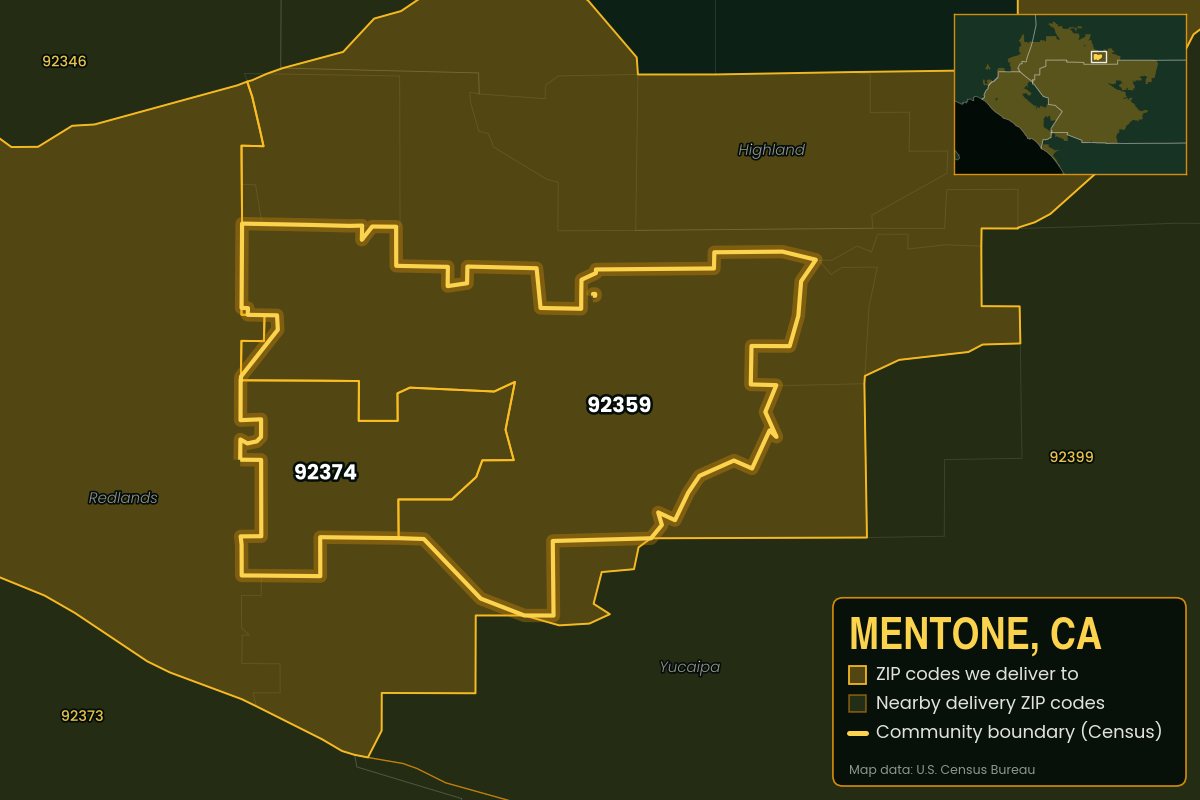Map of Mentone, CA showing the ZIP codes Kwiki delivers to: 92359, 92374