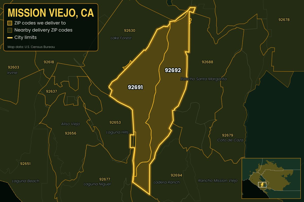 Map of Mission Viejo, CA showing the ZIP codes Kwiki delivers to: 92691, 92692