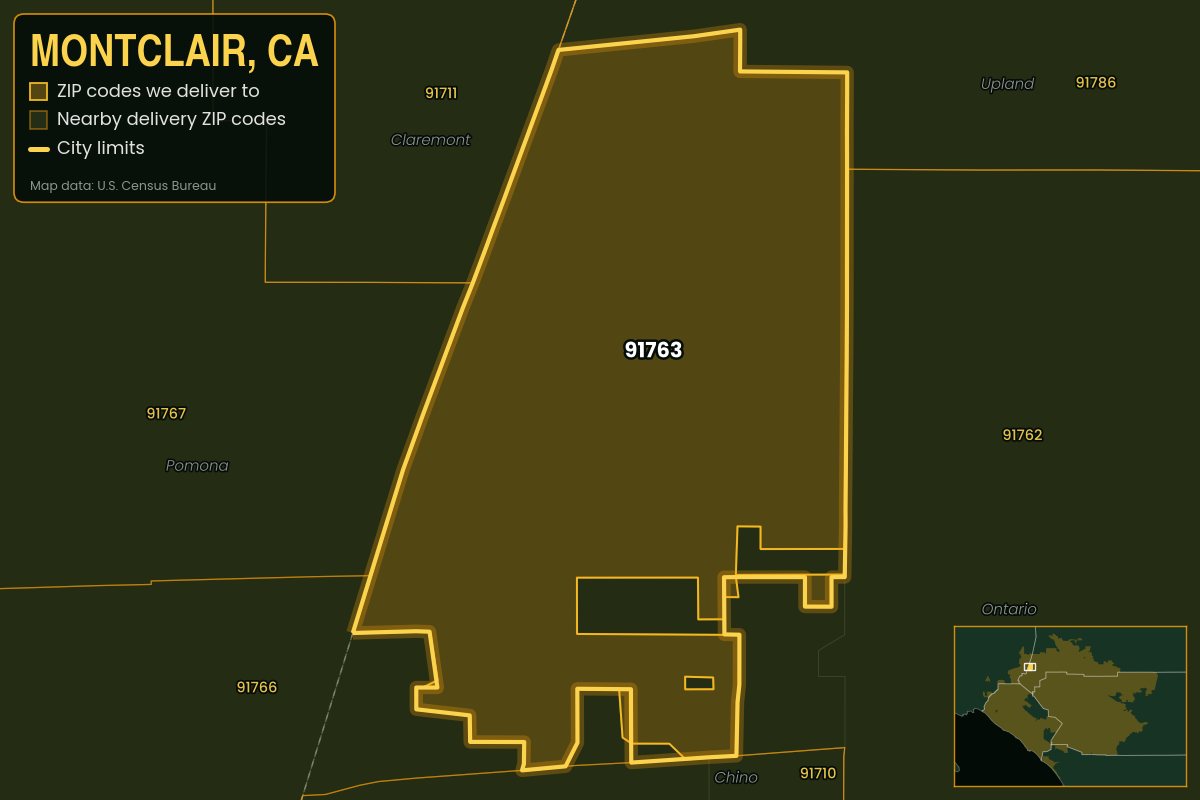 Map of Montclair, CA showing the ZIP codes Kwiki delivers to: 91763
