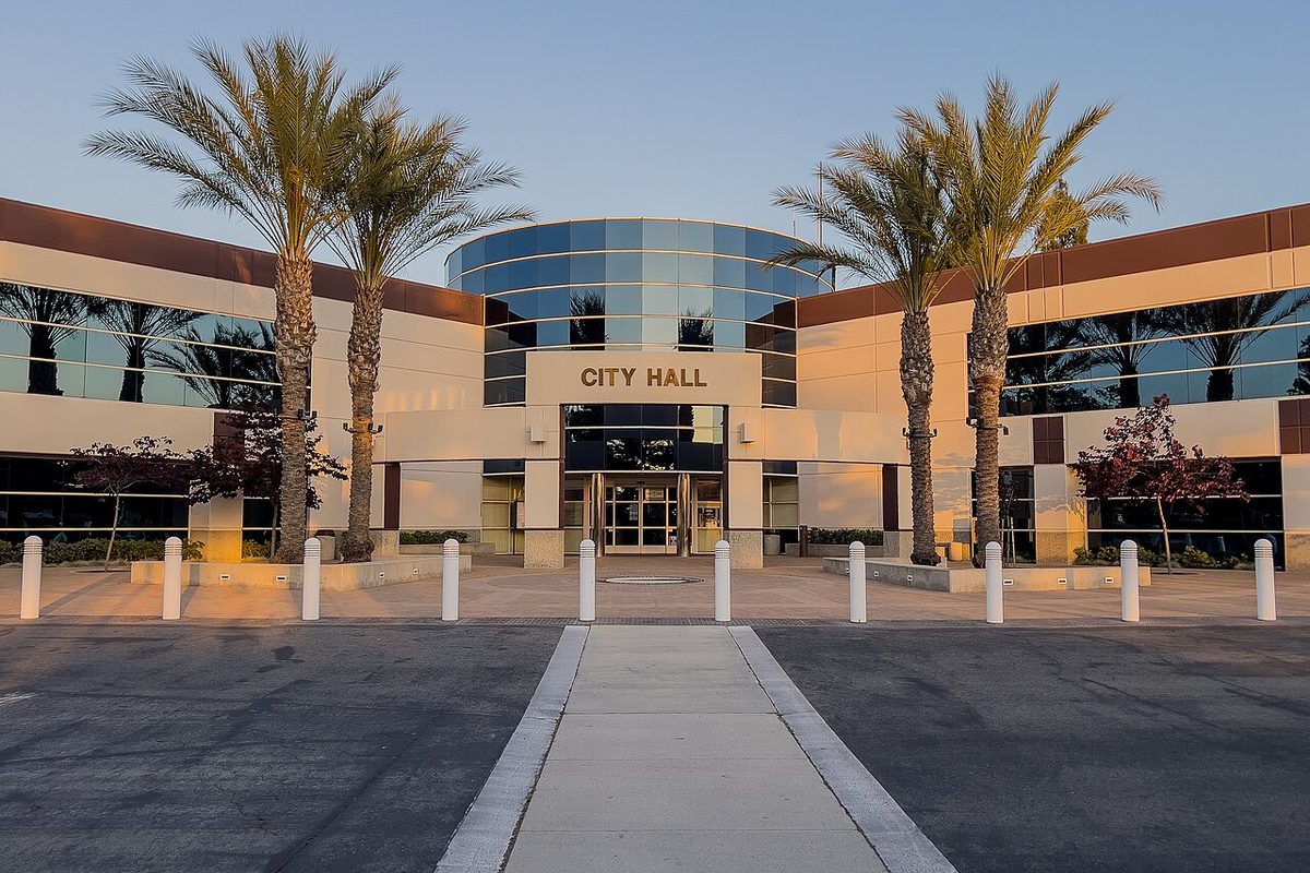 Moreno Valley City Hall with palm trees in Moreno Valley, California
