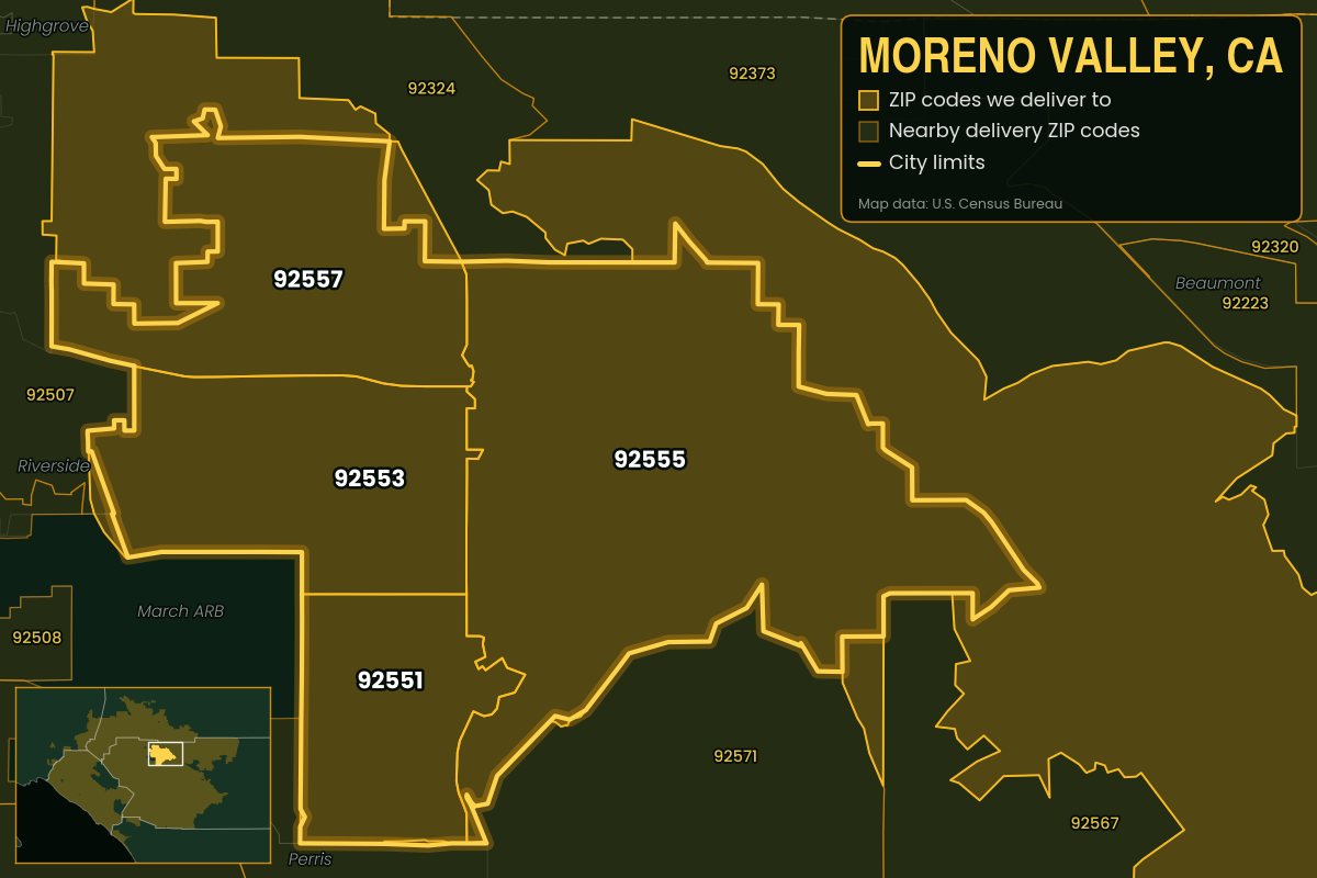 Map of Moreno Valley, CA showing the ZIP codes Kwiki delivers to: 92551, 92553, 92555, 92557