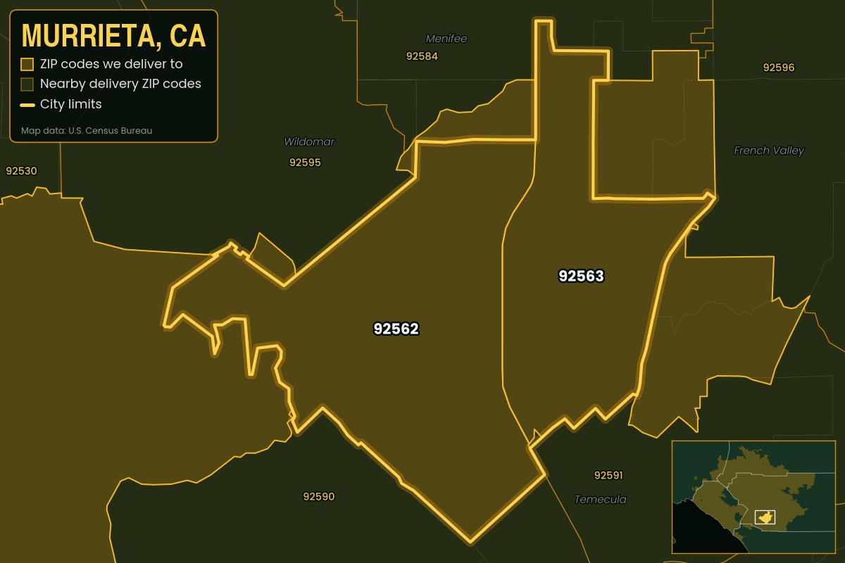 Map of Murrieta, CA showing the ZIP codes Kwiki delivers to: 92562, 92563