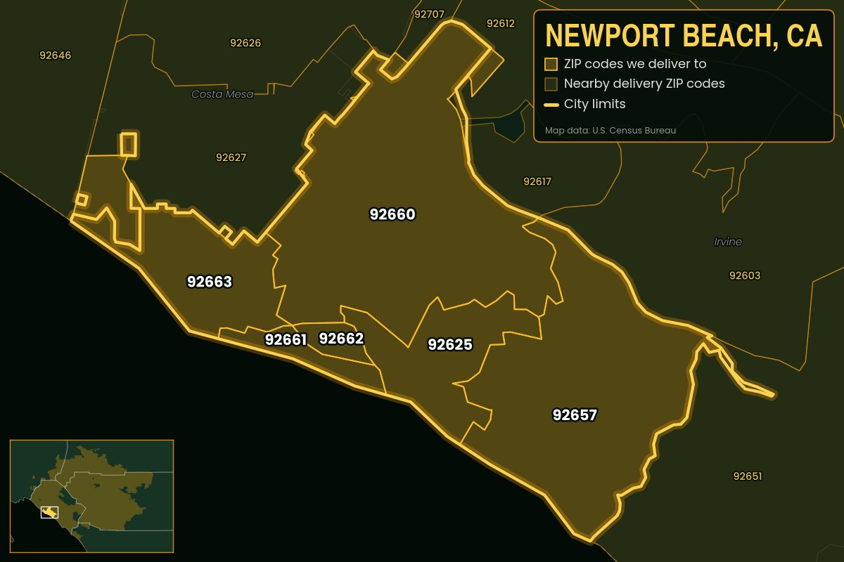 Map of Newport Beach, CA showing the ZIP codes Kwiki delivers to: 92625, 92657, 92660, 92661, 92662, 92663