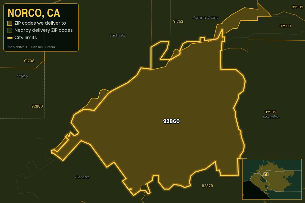 Map of Norco, CA showing the ZIP codes Kwiki delivers to: 92860