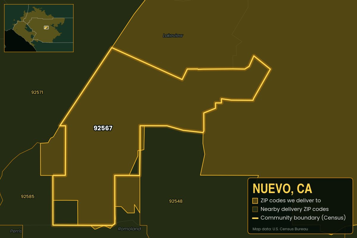 Map of Nuevo, CA showing the ZIP codes Kwiki delivers to: 92567