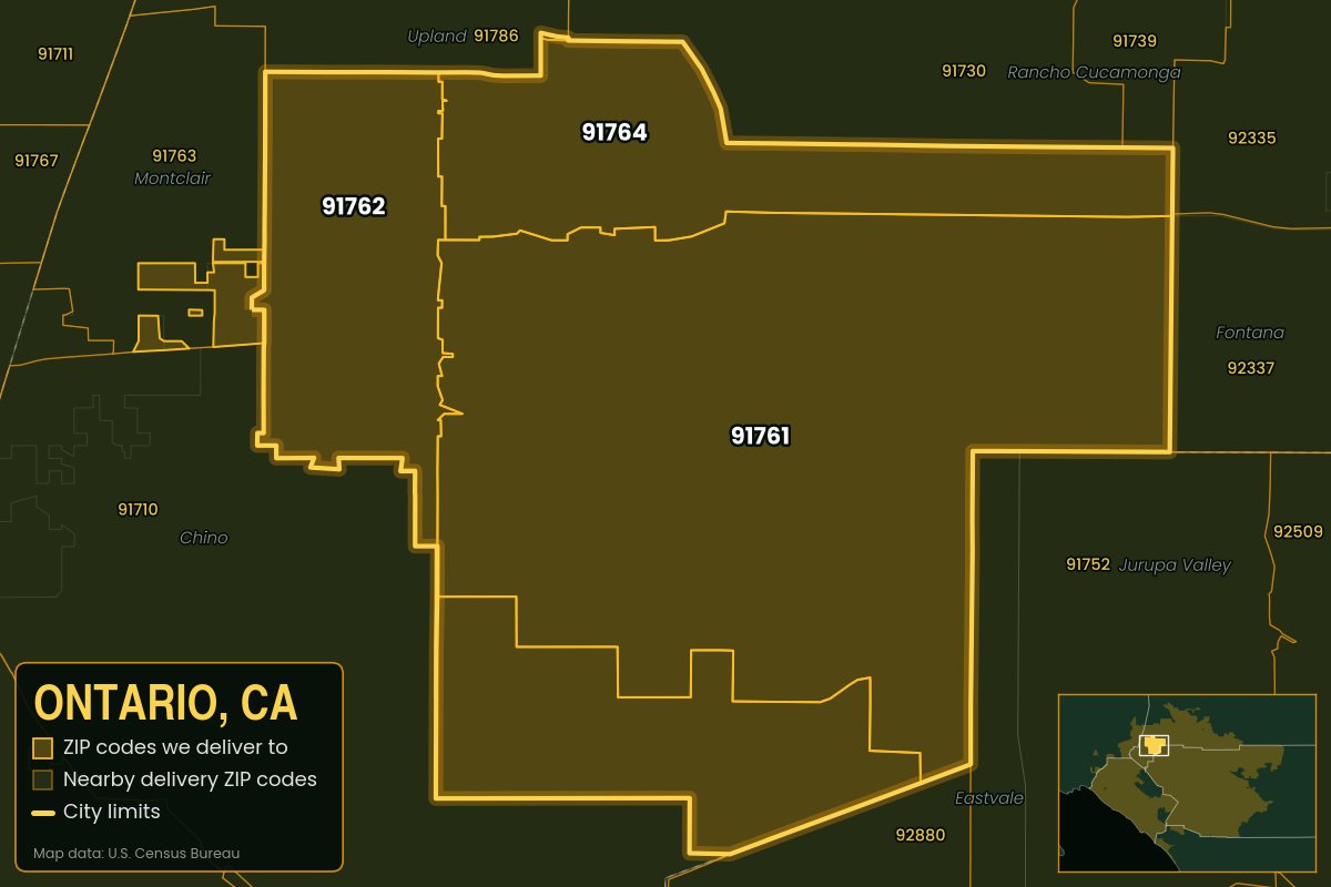 Map of Ontario, CA showing the ZIP codes Kwiki delivers to: 91761, 91762, 91764
