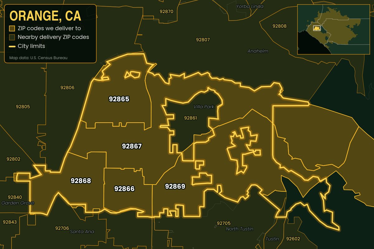 Map of Orange, CA showing the ZIP codes Kwiki delivers to: 92865, 92866, 92867, 92868, 92869