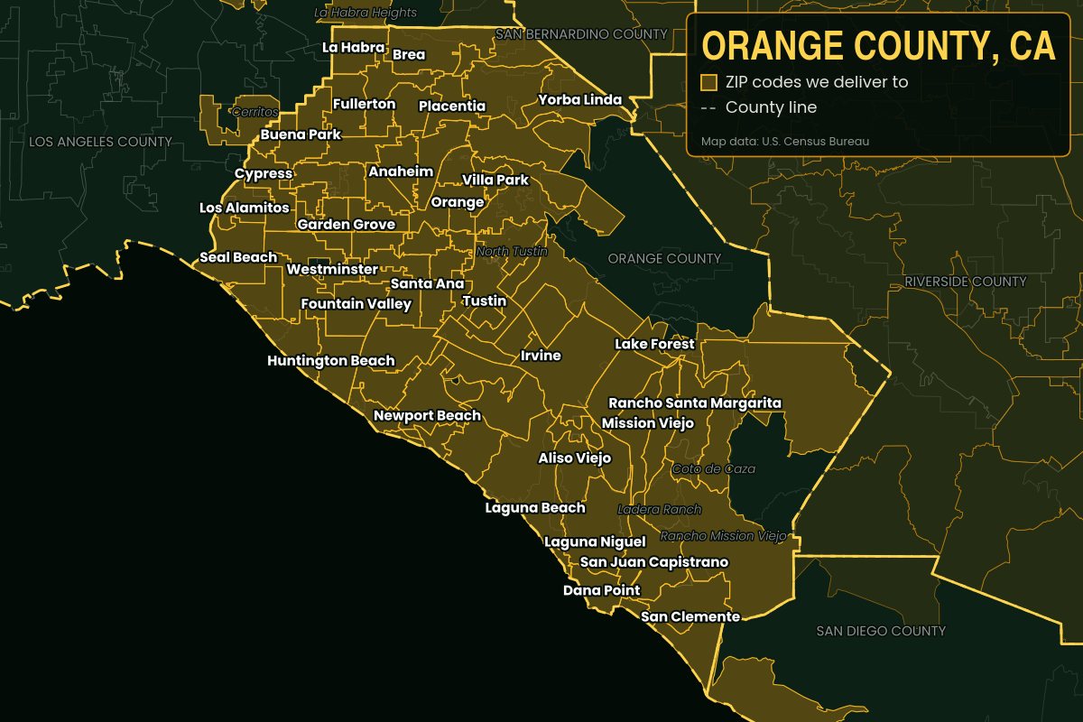 Map of Orange County, CA showing the ZIP code areas Kwiki delivers to, shaded, with city names including Anaheim, Santa Ana, Irvine, Huntington Beach and Newport Beach