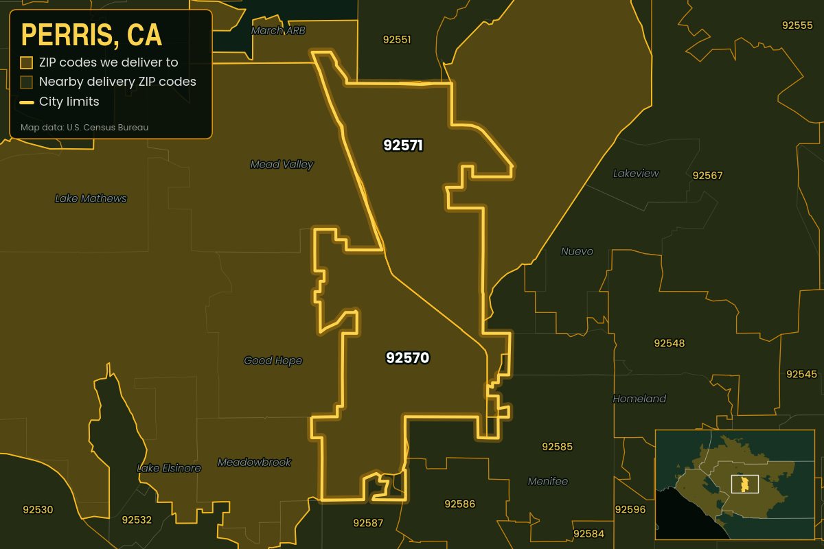 Map of Perris, CA showing the ZIP codes Kwiki delivers to: 92570, 92571