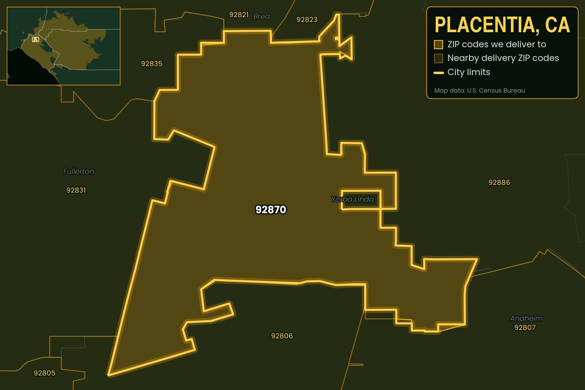 Map of Placentia, CA showing the ZIP codes Kwiki delivers to: 92870