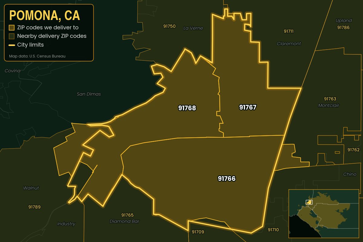 Map of Pomona, CA showing the ZIP codes Kwiki delivers to: 91766, 91767, 91768