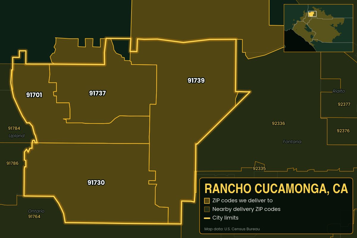 Map of Rancho Cucamonga, CA showing the ZIP codes Kwiki delivers to: 91701, 91730, 91737, 91739