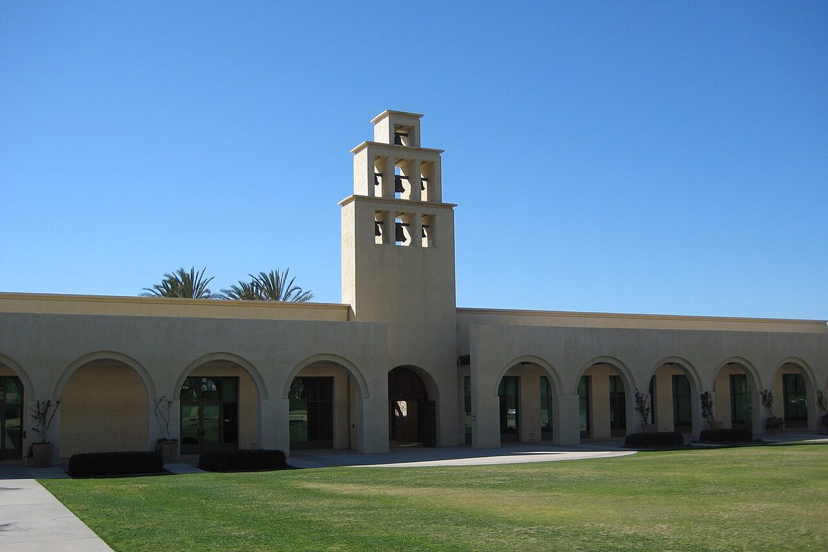 Rancho Santa Margarita City Hall with its bell tower and arcade in Rancho Santa Margarita, California