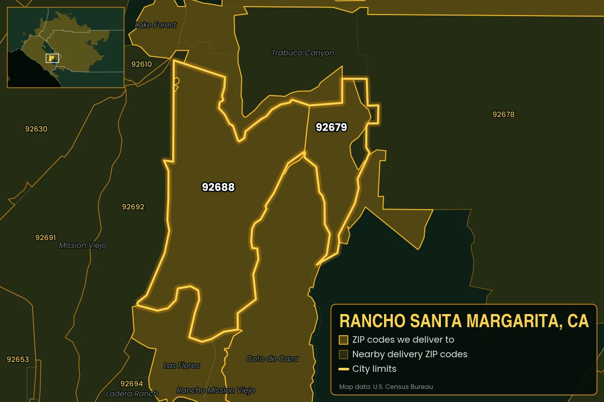 Map of Rancho Santa Margarita, CA showing the ZIP codes Kwiki delivers to: 92679, 92688