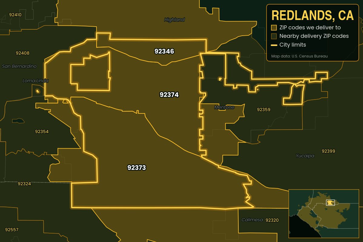 Map of Redlands, CA showing the ZIP codes Kwiki delivers to: 92346, 92373, 92374