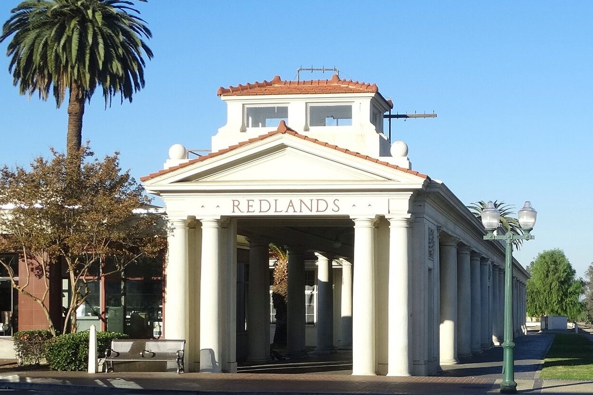 The historic Santa Fe Depot with Redlands lettering in Redlands, California