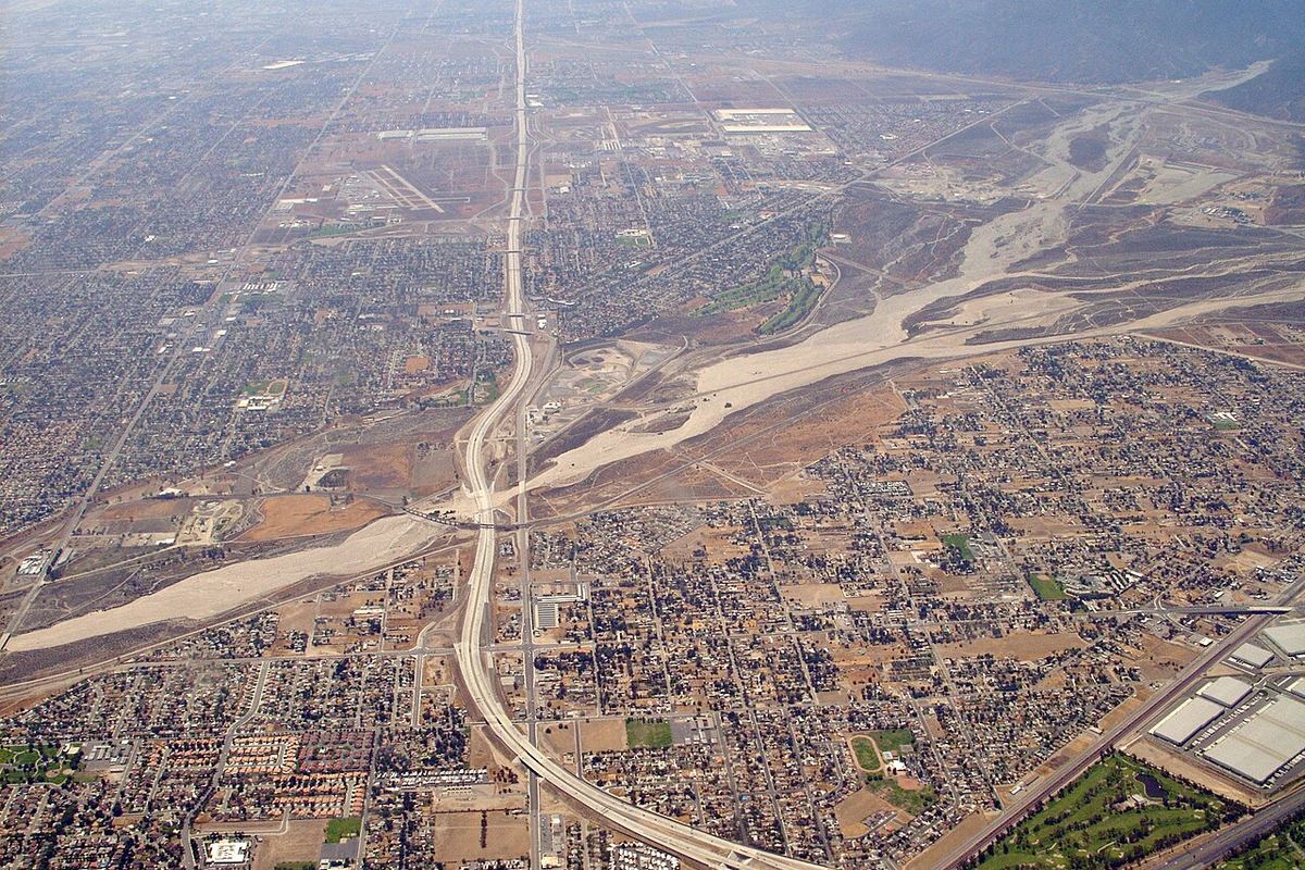 Aerial view over Rialto and San Bernardino, California