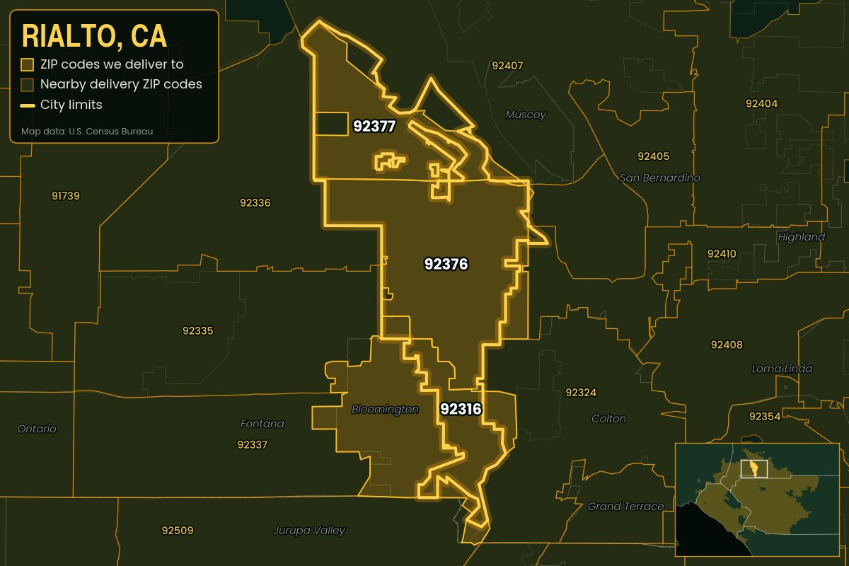 Map of Rialto, CA showing the ZIP codes Kwiki delivers to: 92316, 92376, 92377