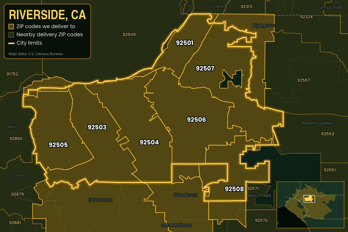 Map of Riverside, CA showing the ZIP codes Kwiki delivers to: 92501, 92503, 92504, 92505, 92506, 92507, 92508