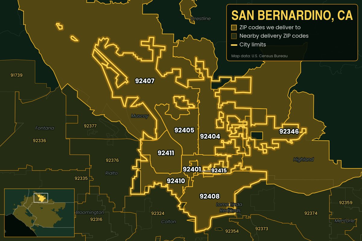 Map of San Bernardino, CA showing the ZIP codes Kwiki delivers to: 92346, 92401, 92404, 92405, 92407, 92408, 92410, 92411, 92415