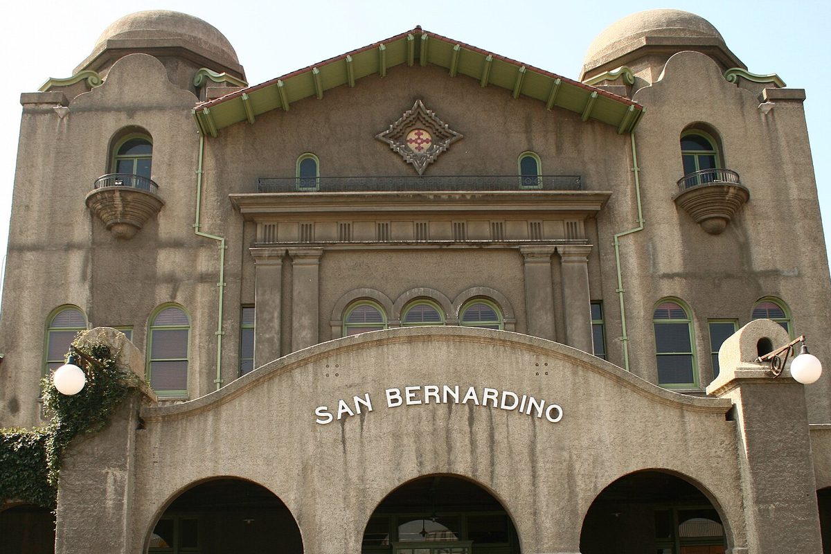 The historic Santa Fe Depot with San Bernardino lettering in San Bernardino, California