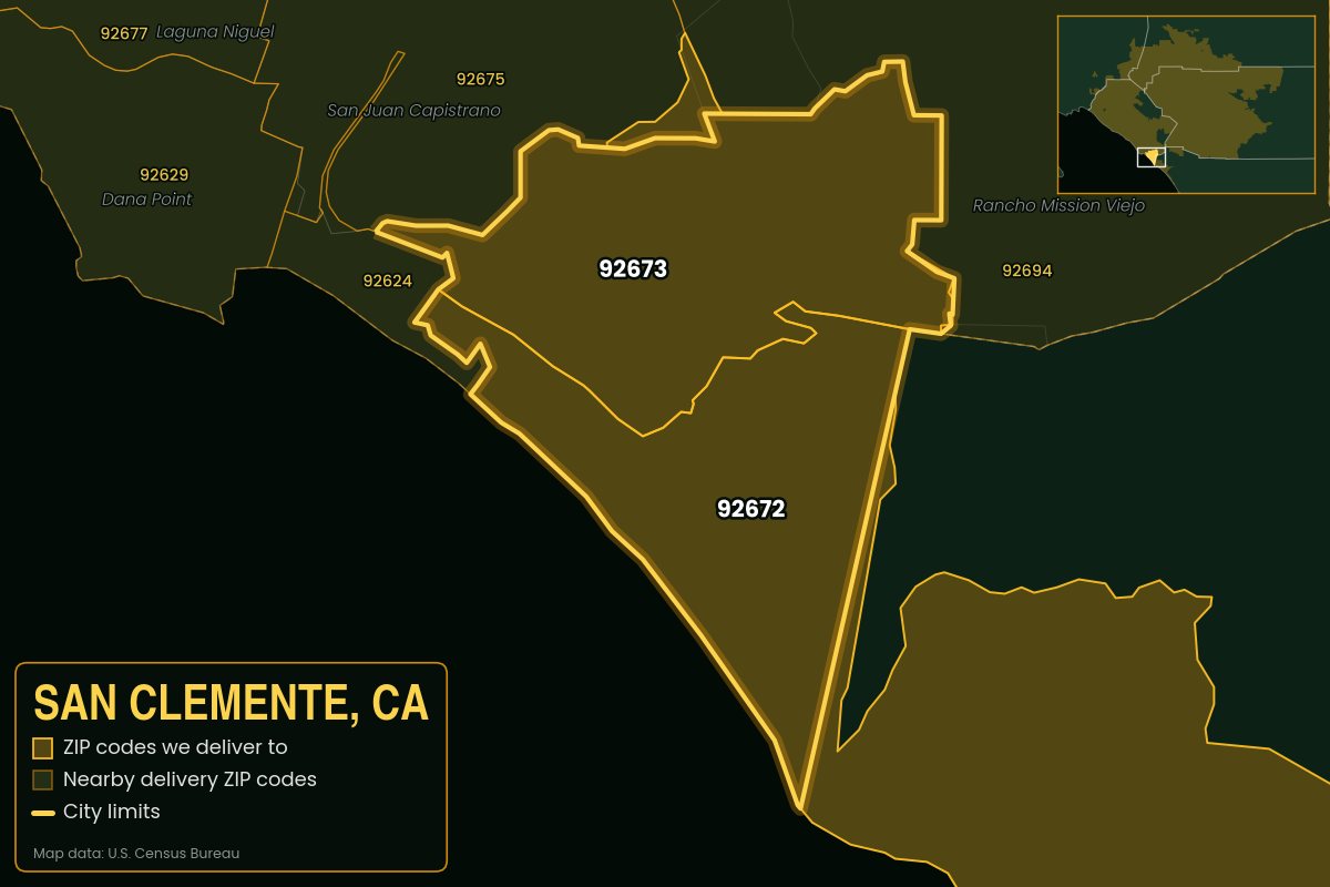 Map of San Clemente, CA showing the ZIP codes Kwiki delivers to: 92672, 92673