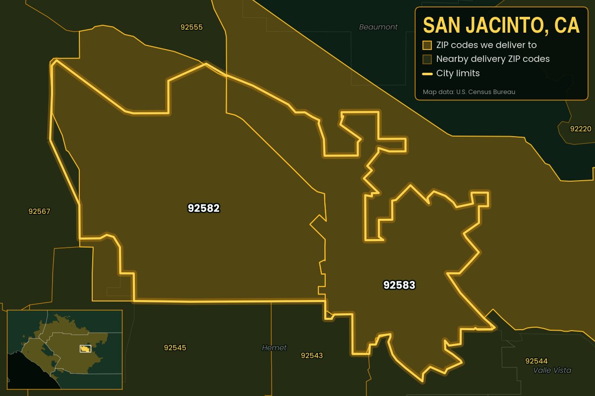 Map of San Jacinto, CA showing the ZIP codes Kwiki delivers to: 92582, 92583