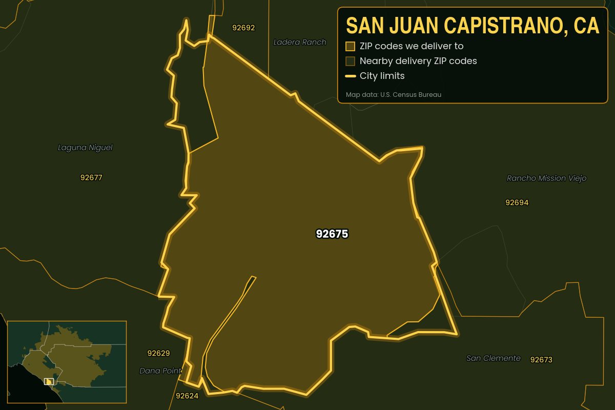 Map of San Juan Capistrano, CA showing the ZIP codes Kwiki delivers to: 92675