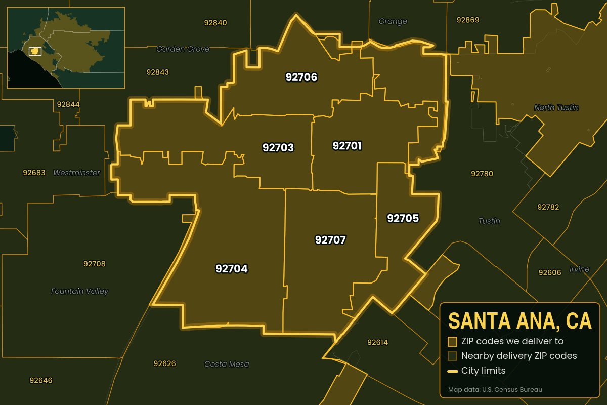 Map of Santa Ana, CA showing the ZIP codes Kwiki delivers to: 92701, 92703, 92704, 92705, 92706, 92707