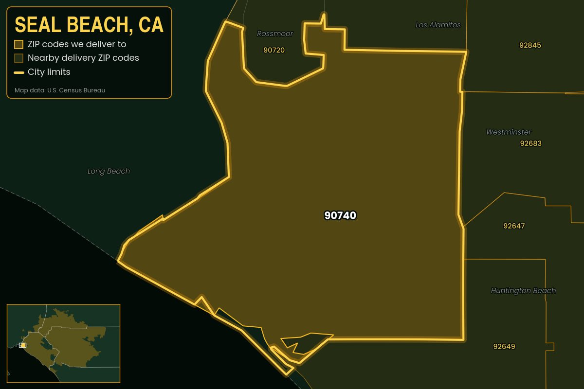 Map of Seal Beach, CA showing the ZIP codes Kwiki delivers to: 90740