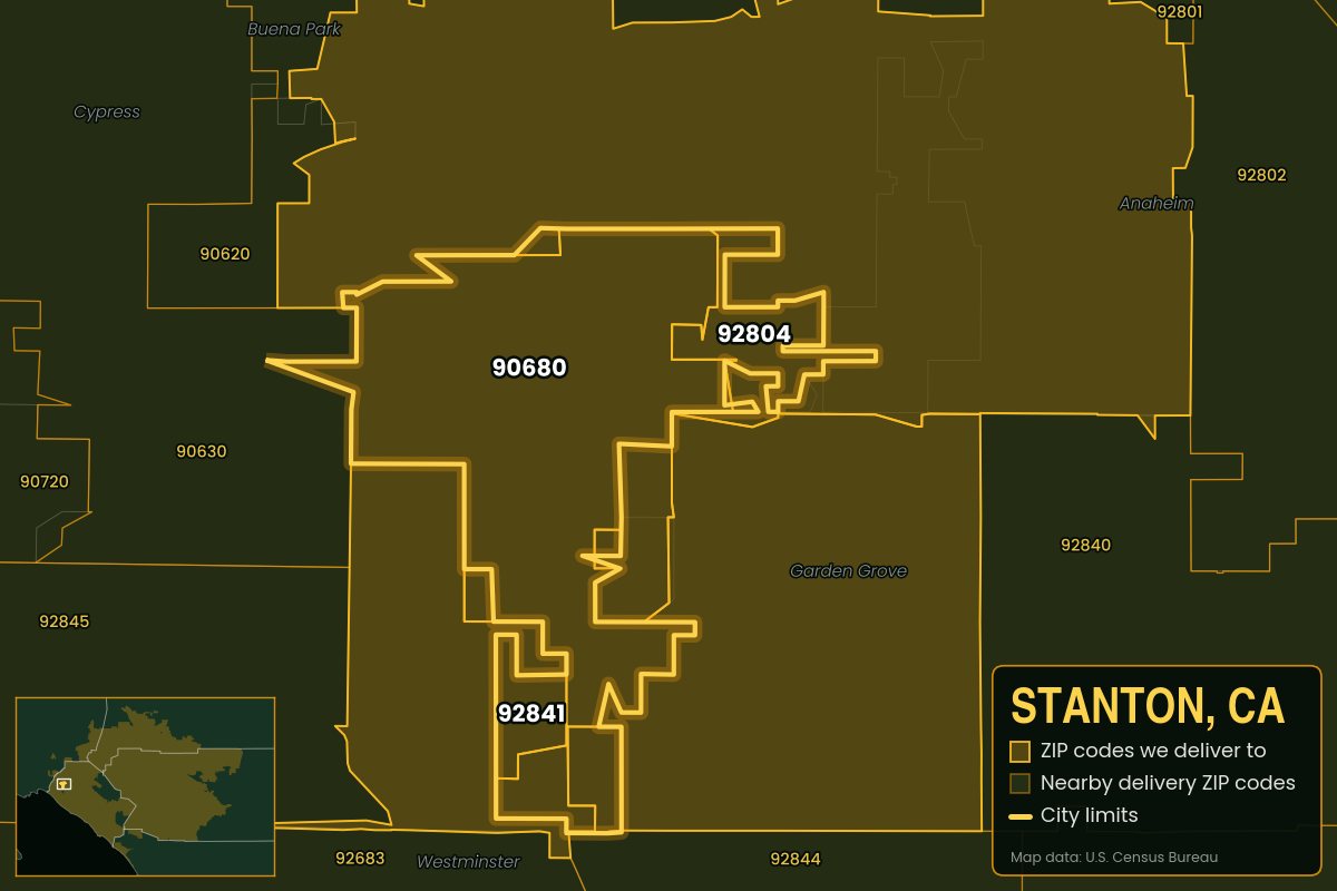 Map of Stanton, CA showing the ZIP codes Kwiki delivers to: 90680, 92804, 92841