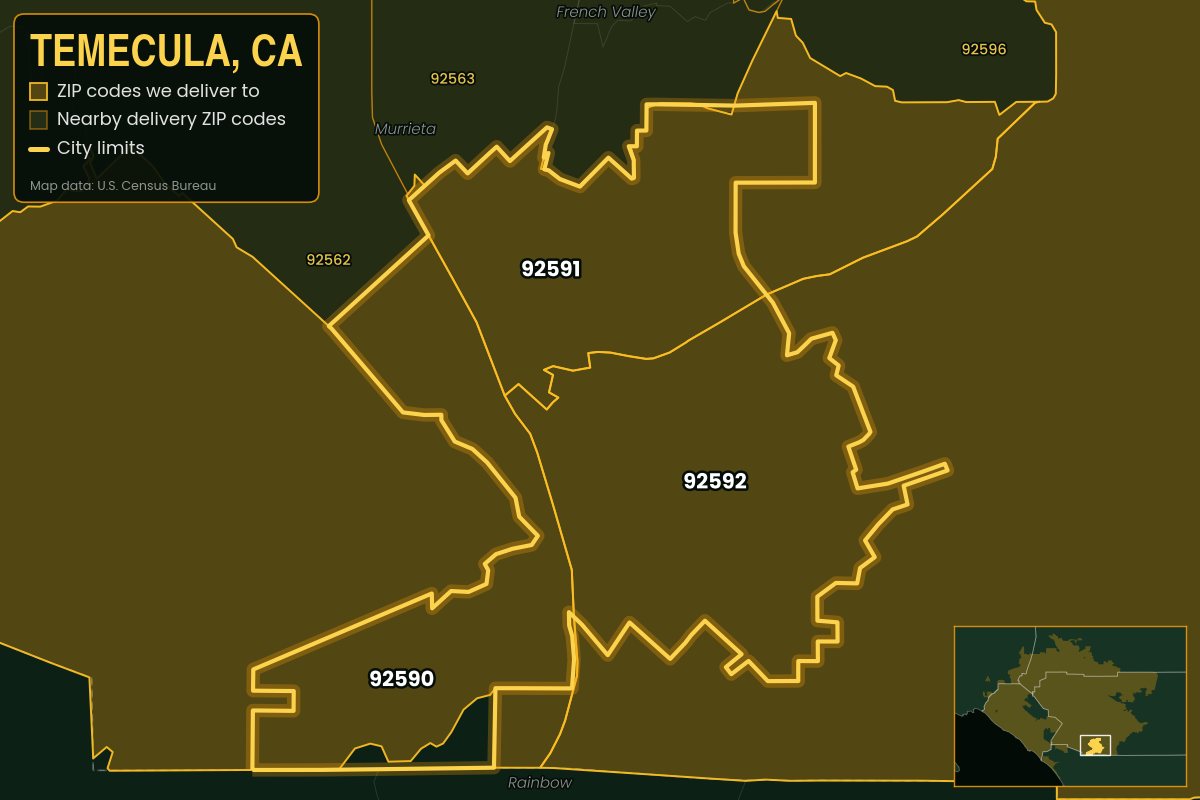 Map of Temecula, CA showing the ZIP codes Kwiki delivers to: 92590, 92591, 92592
