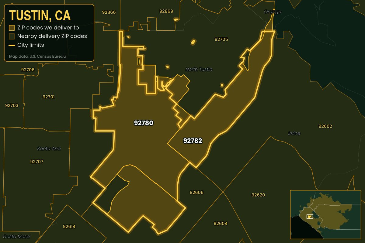 Map of Tustin, CA showing the ZIP codes Kwiki delivers to: 92780, 92782