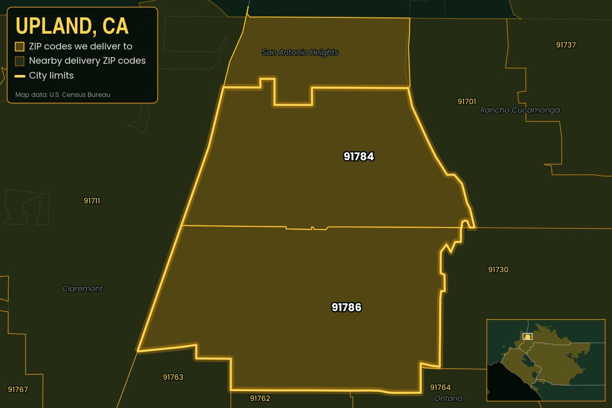 Map of Upland, CA showing the ZIP codes Kwiki delivers to: 91784, 91786