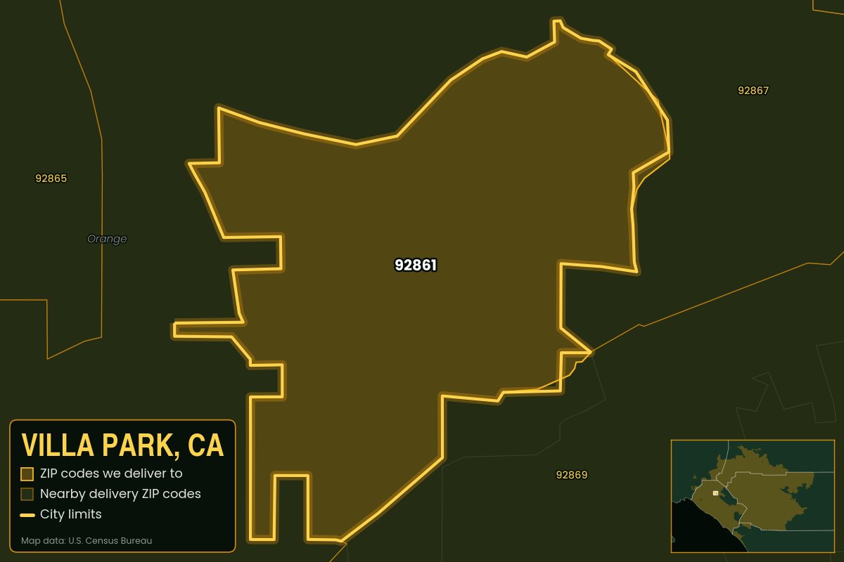 Map of Villa Park, CA showing the ZIP codes Kwiki delivers to: 92861