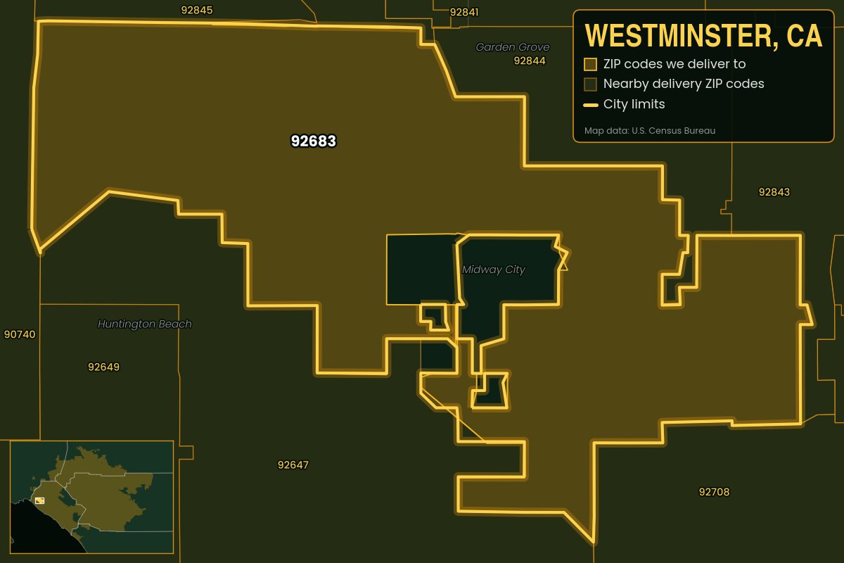 Map of Westminster, CA showing the ZIP codes Kwiki delivers to: 92683