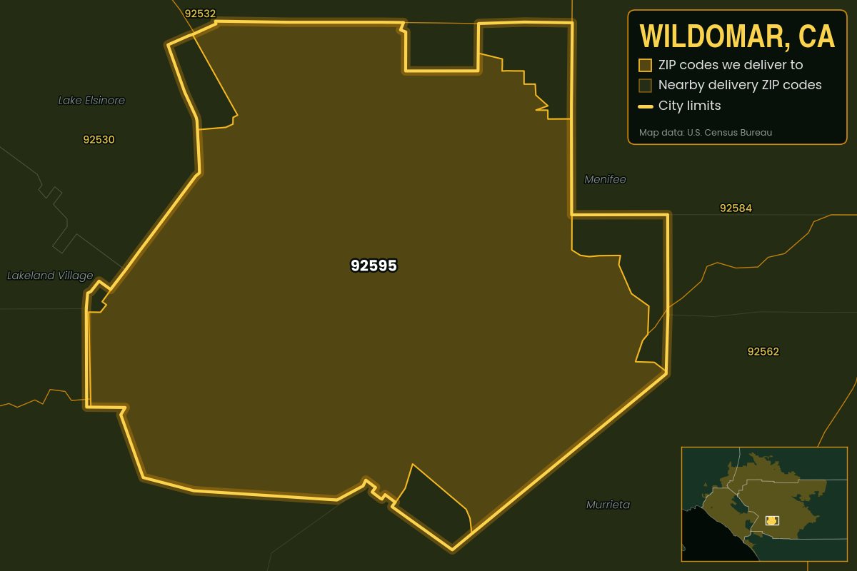 Map of Wildomar, CA showing the ZIP codes Kwiki delivers to: 92595