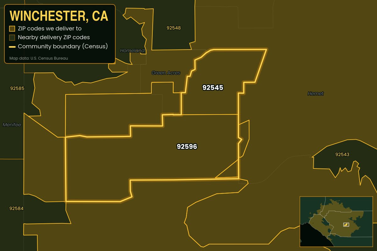 Map of Winchester, CA showing the ZIP codes Kwiki delivers to: 92545, 92596