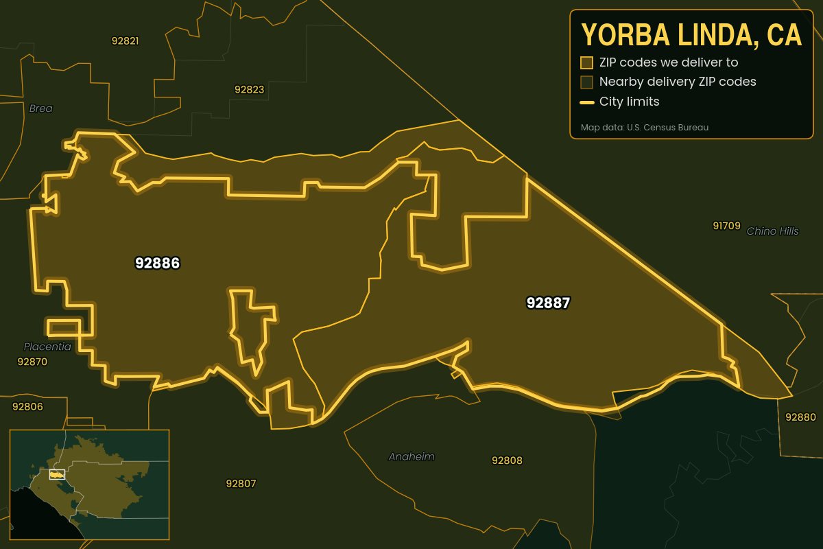 Map of Yorba Linda, CA showing the ZIP codes Kwiki delivers to: 92886, 92887