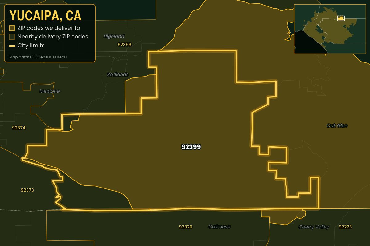 Map of Yucaipa, CA showing the ZIP codes Kwiki delivers to: 92399