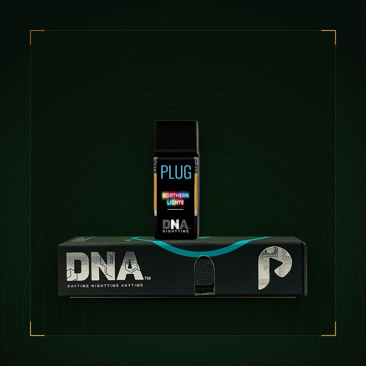 PLUG DNA Northern Lights vape pod on a dark green and gold vault plate