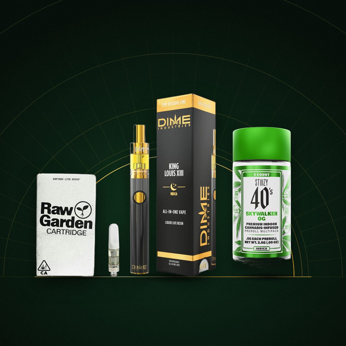 Raw Garden Secret Fire cartridge, Dime King Louis XIII all-in-one and STIIIZY 40s Skywalker OG pre-rolls under a gold arc