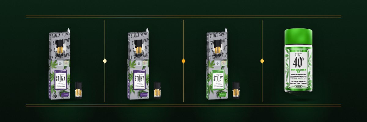 STIIIZY Skywalker OG, Hardcore OG and Pineapple Express pods with STIIIZY 40s Skywalker OG pre-rolls on a gold tray