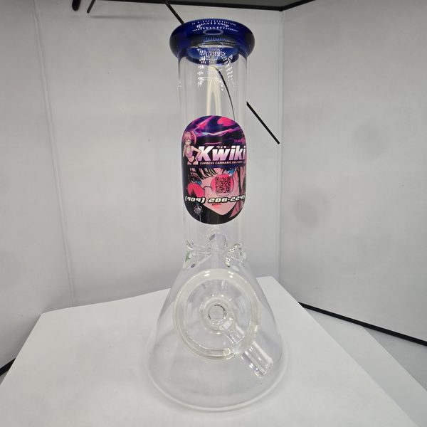 Kwiki-branded 12-inch beaker bong with blue glass rim, front view