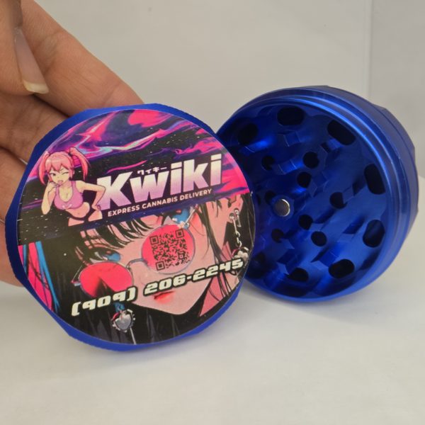 Kwiki-branded blue aluminum 4-piece grinder with Kwiki holographic lid sticker